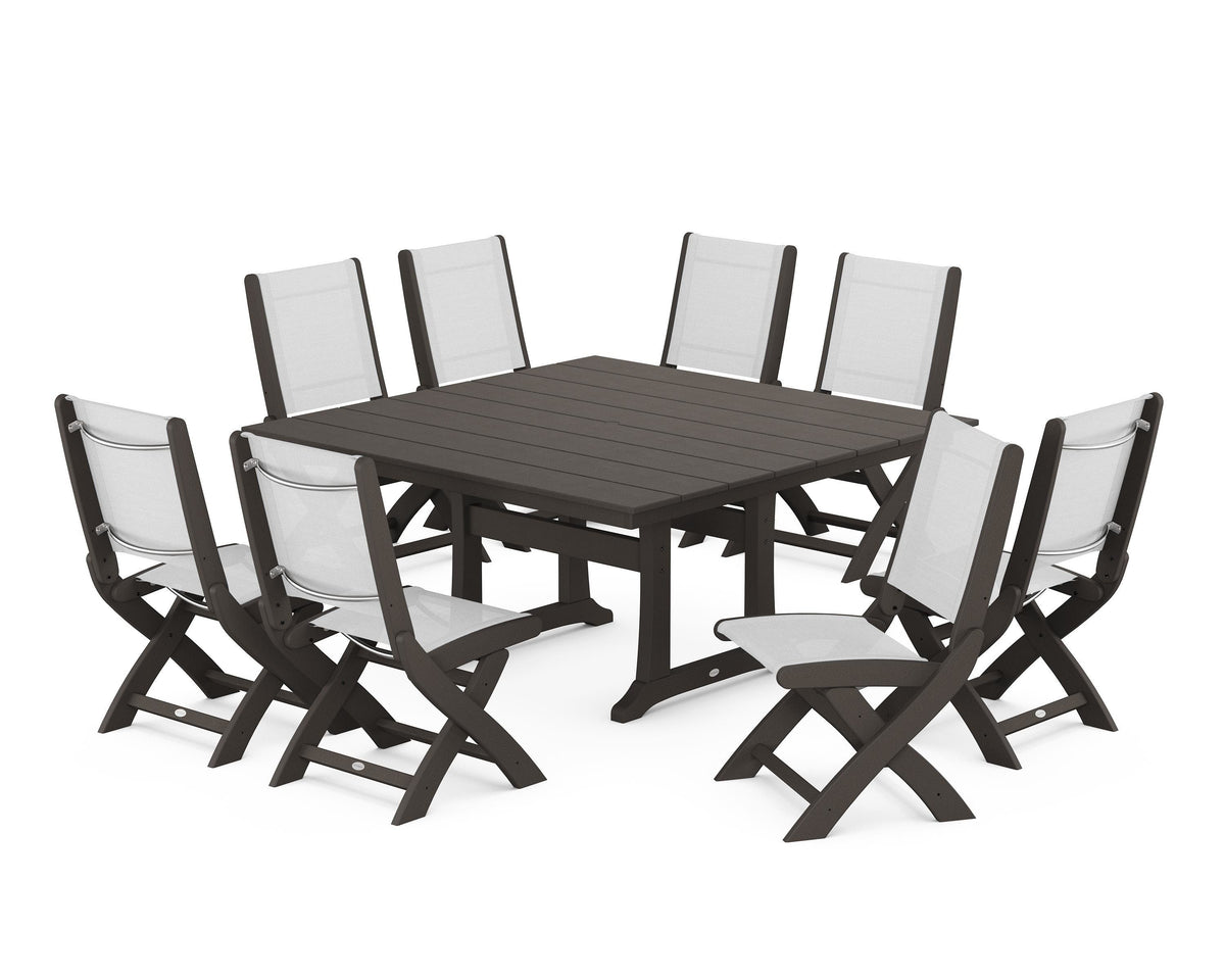 POLYWOOD Coastal Folding Side Chair 9-Piece Farmhouse Dining Set in Vintage Coffee / White