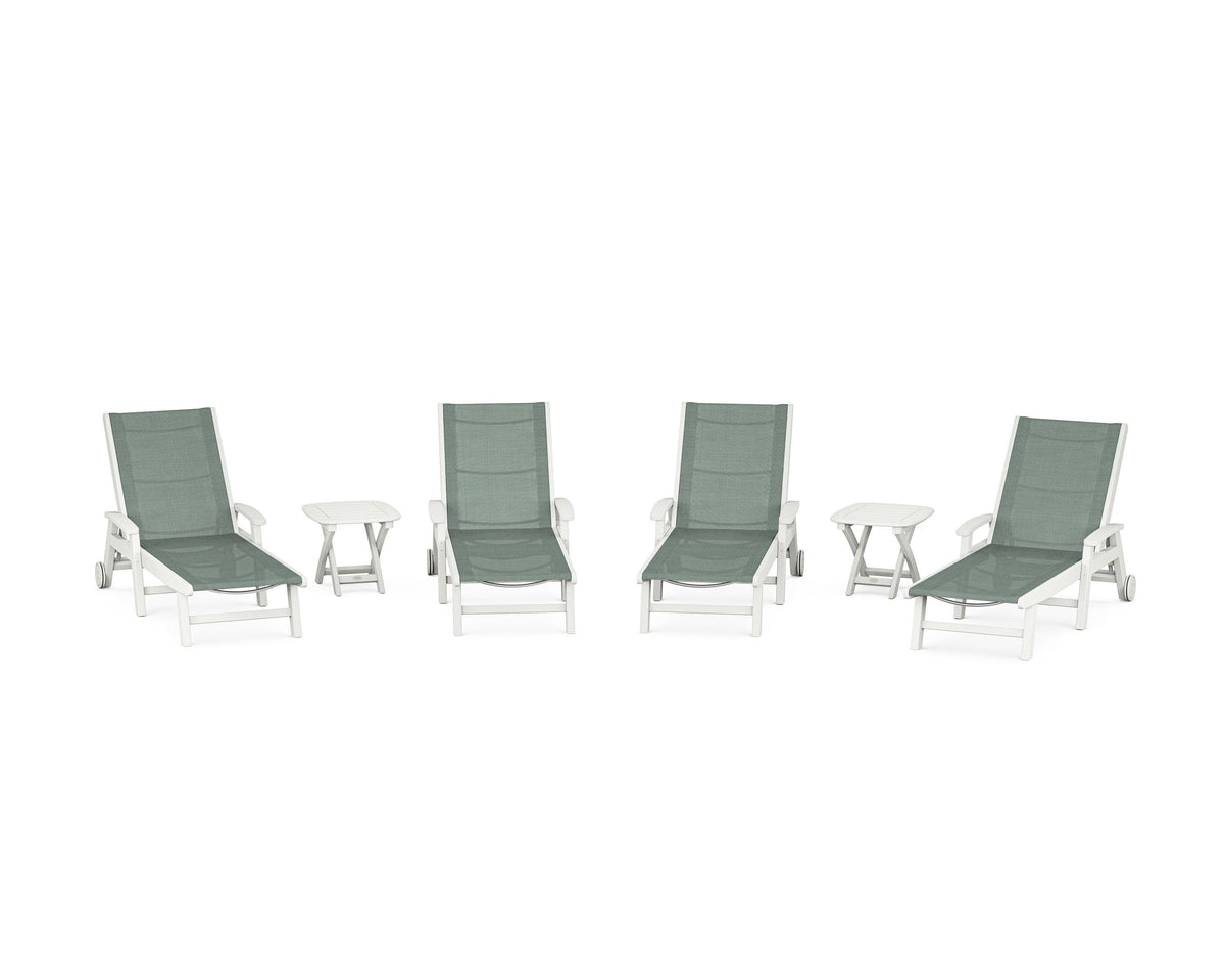 POLYWOOD Coastal Chaise 6-Piece Set with Wheels in Vintage White / Dupioni Sea Mist