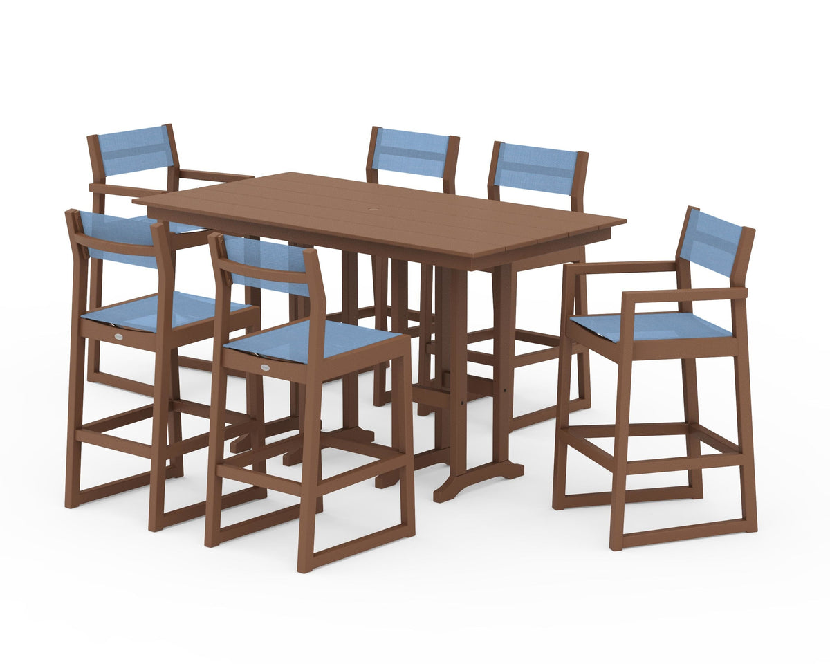 POLYWOOD EDGE Sling 7-Piece Farmhouse Bar Set in Teak / Poolside