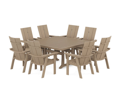 POLYWOOD Modern Curveback Adirondack 9-Piece Square Dining Set with Trestle Legs in Vintage Sahara