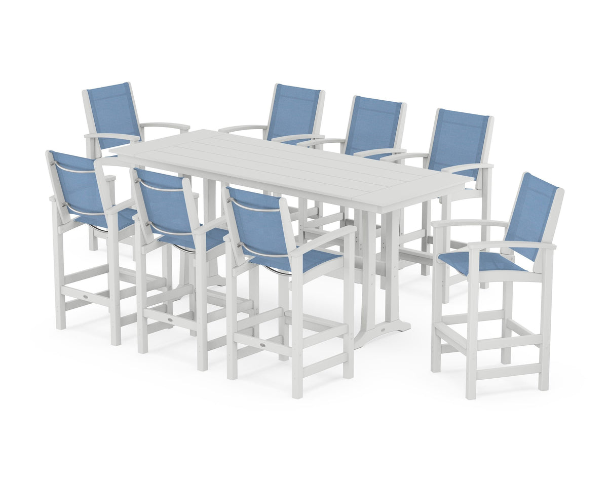 POLYWOOD Coastal 9-Piece Farmhouse Bar Set with Trestle Legs in White / Poolside