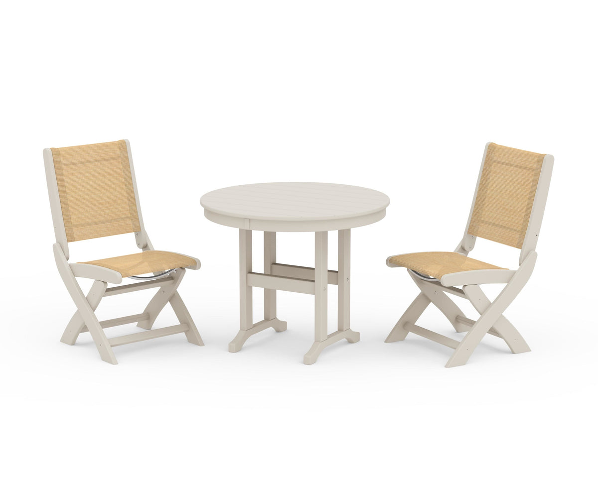 POLYWOOD Coastal Folding Side Chair 3-Piece Round Dining Set in Sand / Dupioni Apricot