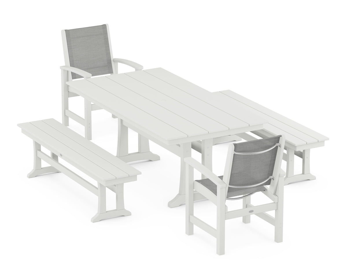 POLYWOOD Coastal 5-Piece Farmhouse Dining Set with Trestle Legs and Benches in Vintage White / Metallic