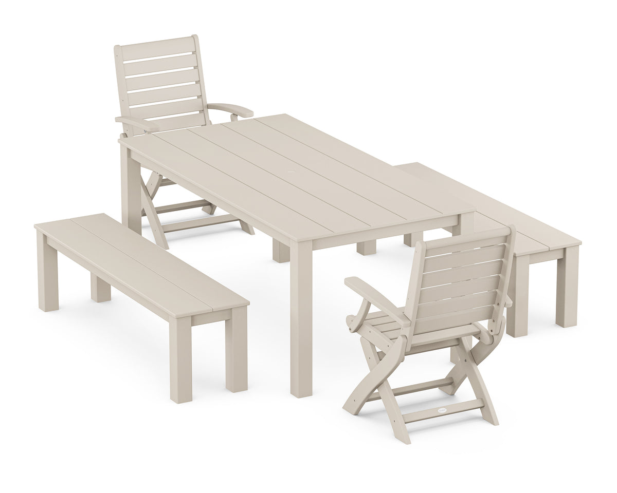 POLYWOOD Signature Folding Chair 5-Piece Parsons Dining Set with Benches in Sand