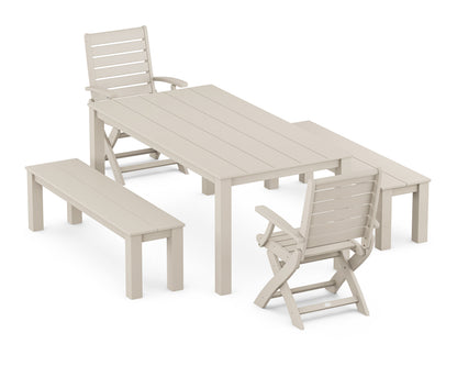 POLYWOOD Signature Folding Chair 5-Piece Parsons Dining Set with Benches in Sand