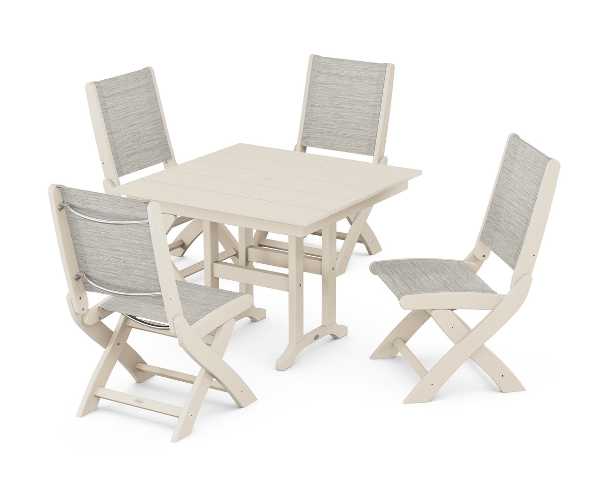 POLYWOOD Coastal Folding Side Chair 5-Piece Farmhouse Dining Set in Sand / Birch