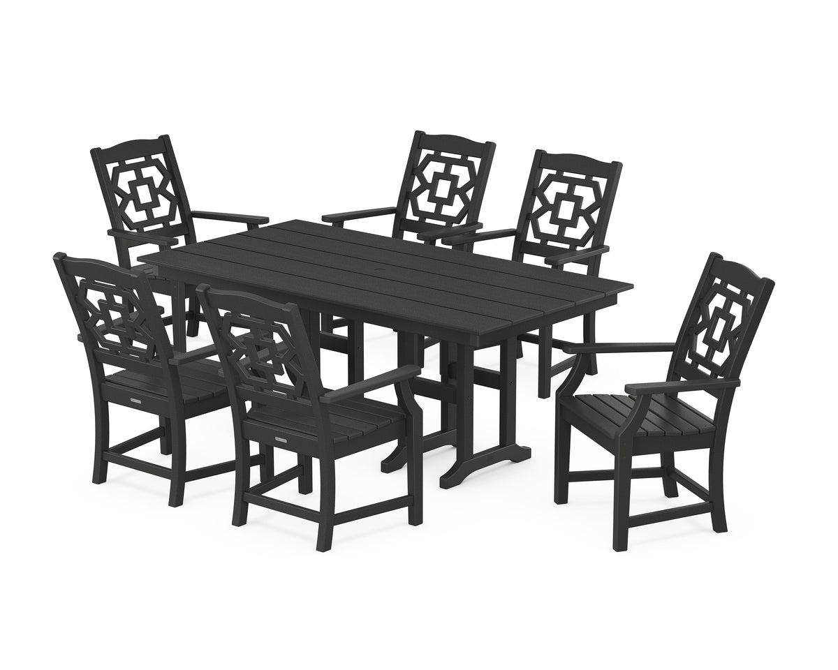 POLYWOOD Chinoiserie Arm Chair 7-Piece Farmhouse Dining Set in Black