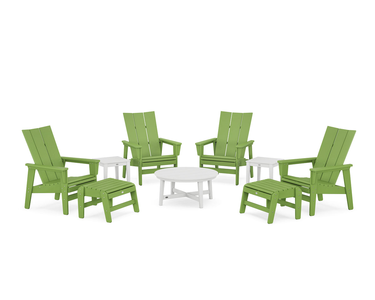 POLYWOOD Modern Grand Upright Adirondack 9-Piece Conversation Set in Lime / White