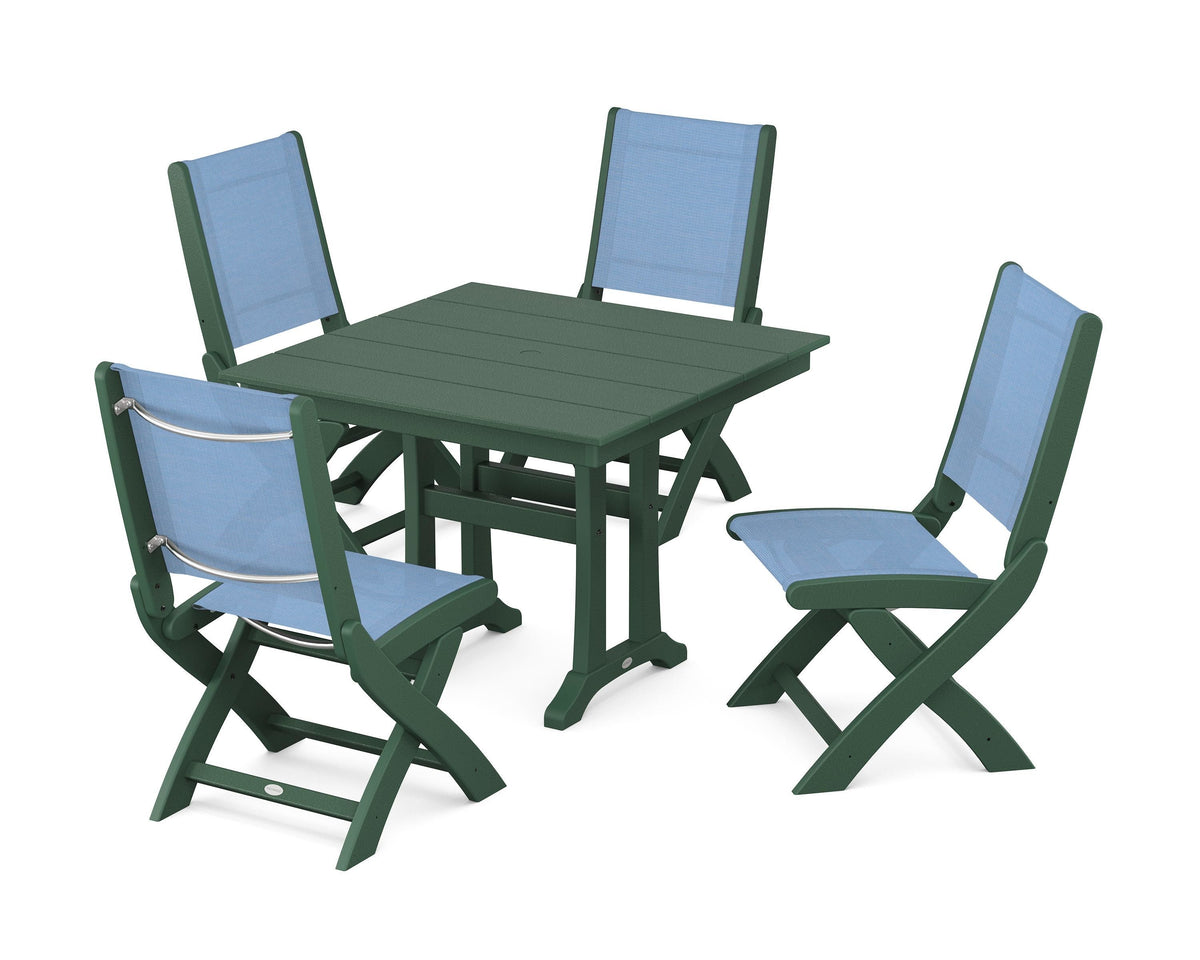 POLYWOOD Coastal Folding Side Chair 5-Piece Farmhouse Dining Set With Trestle Legs in Green / Poolside