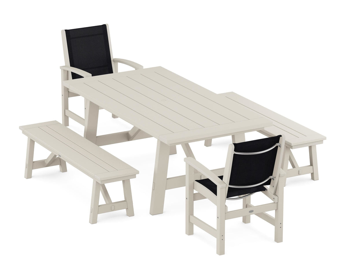 POLYWOOD Coastal 5-Piece Rustic Farmhouse Dining Set With Benches in Sand / Black