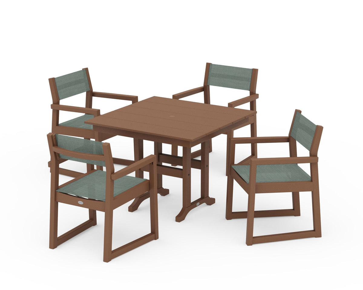 POLYWOOD EDGE Sling Arm Chair 5-Piece Farmhouse Dining Set in Teak / Dupioni Sea Mist