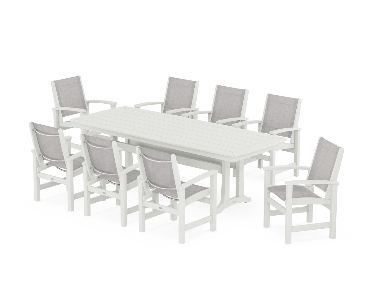 POLYWOOD Coastal 9-Piece Dining Set with Trestle Legs in Vintage White / Parchment