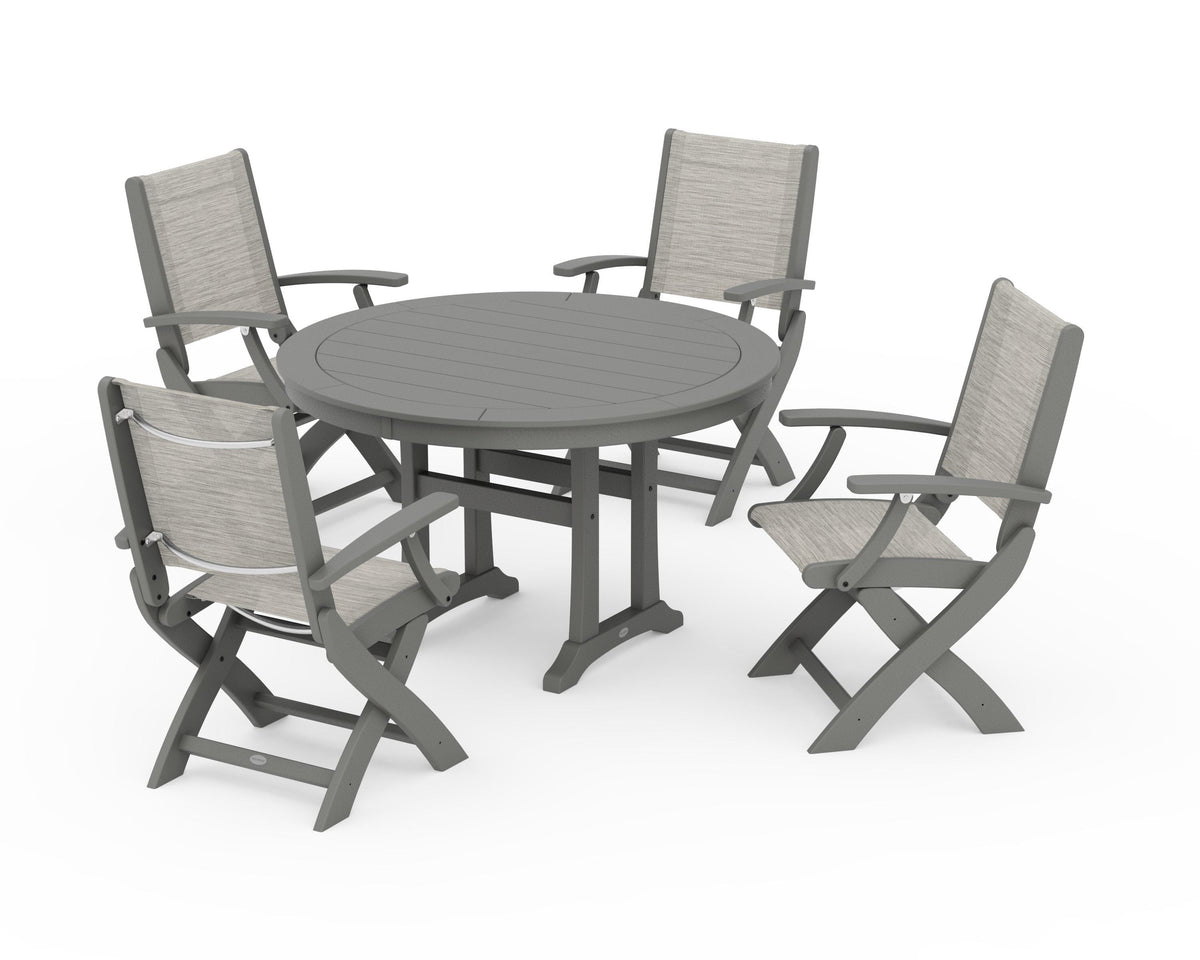 POLYWOOD Coastal Folding Chair 5-Piece Round Dining Set with Trestle Legs in Slate Grey / Birch
