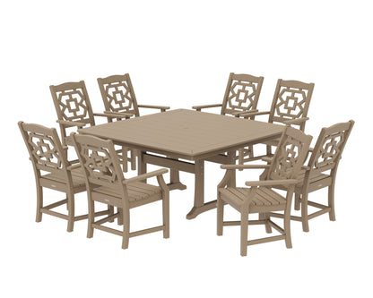 POLYWOOD Chinoiserie 9-Piece Square Dining Set with Trestle Legs in Vintage Sahara
