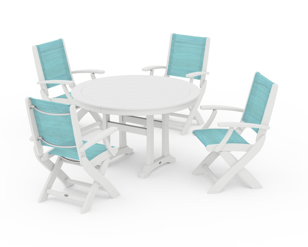 POLYWOOD Coastal Folding Chair 5-Piece Round Dining Set with Trestle Legs in White / Dupioni Aquamarine