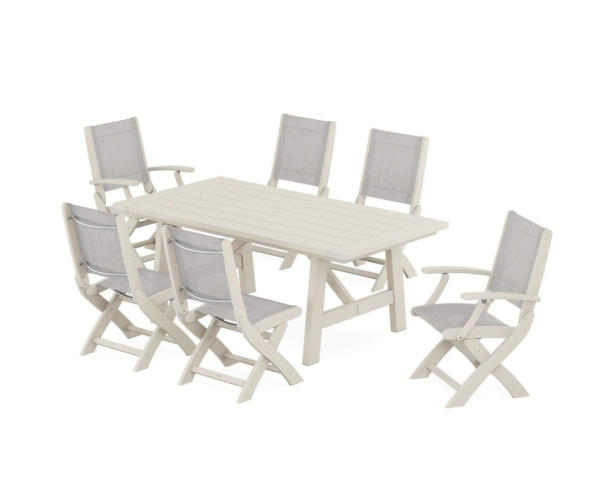 POLYWOOD Coastal Folding Chair 7-Piece Rustic Farmhouse Dining Set in Sand / Parchment