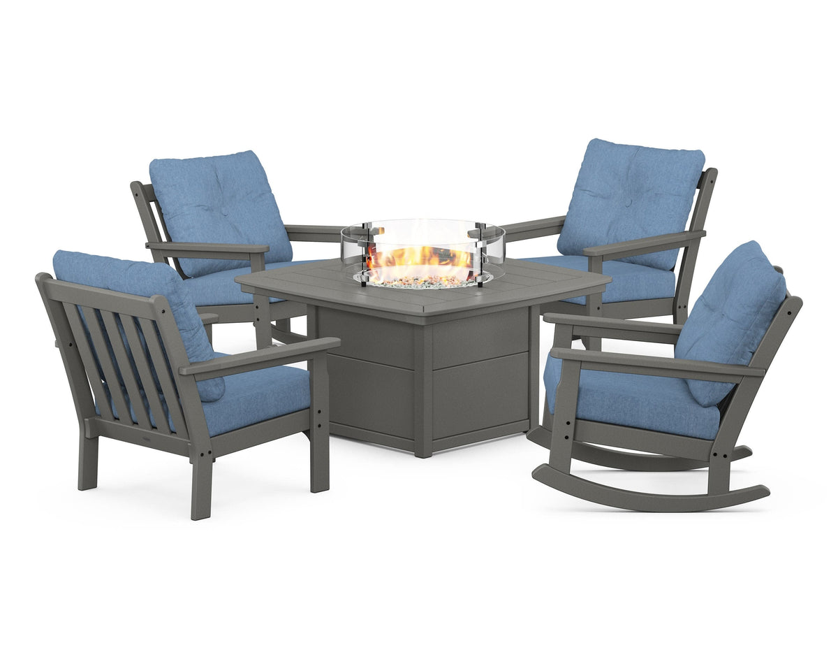 POLYWOOD Vineyard 5-Piece Deep Seating Rocking Chair Conversation Set with Fire Pit Table in Slate Grey / Sky Blue