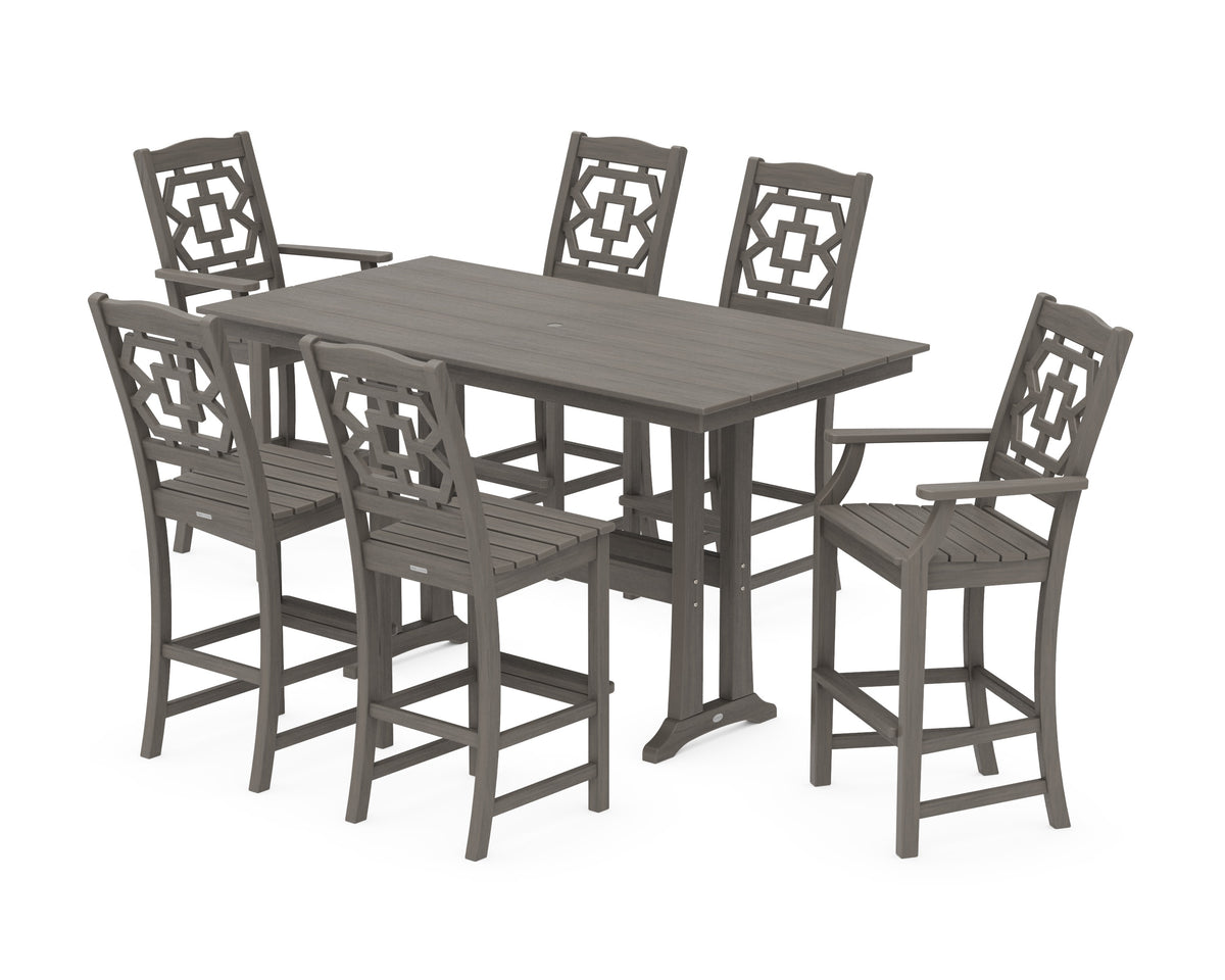 POLYWOOD Chinoiserie 7-Piece Farmhouse Bar Set with Trestle Legs in Driftwood