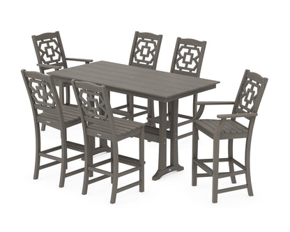 POLYWOOD Chinoiserie 7-Piece Farmhouse Bar Set with Trestle Legs in Driftwood