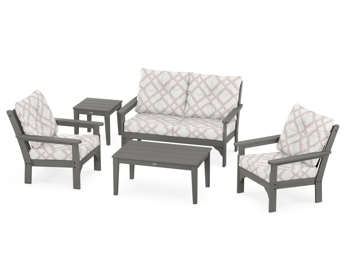 POLYWOOD Vineyard 5-Piece Deep Seating Set with Two Chairs and Loveseat in Slate Grey / Trellis Dune Burlap