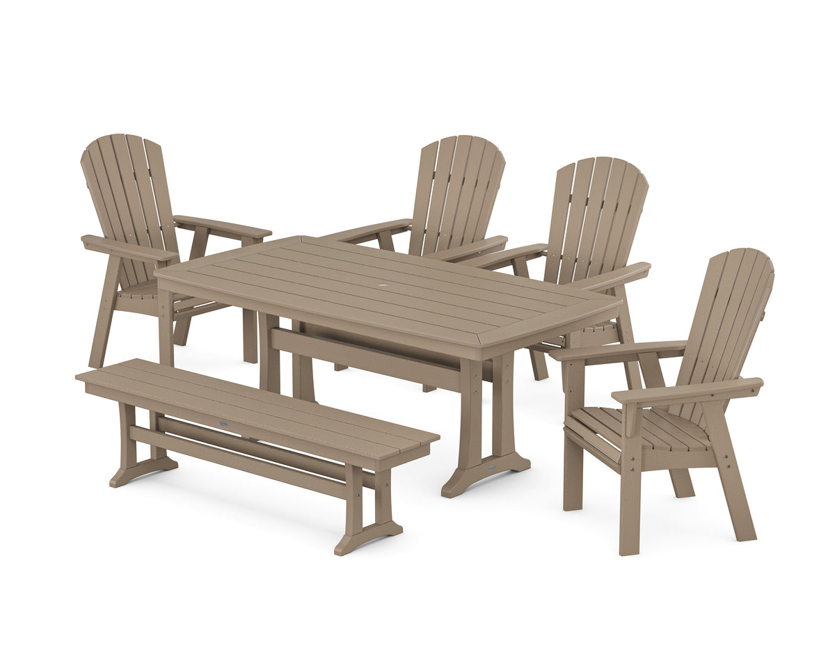 POLYWOOD Nautical Curveback Adirondack 6-Piece Dining Set with Trestle Legs and Bench in Vintage Sahara