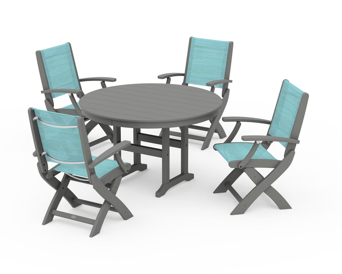 POLYWOOD Coastal Folding Chair 5-Piece Round Dining Set in Slate Grey / Dupioni Aquamarine