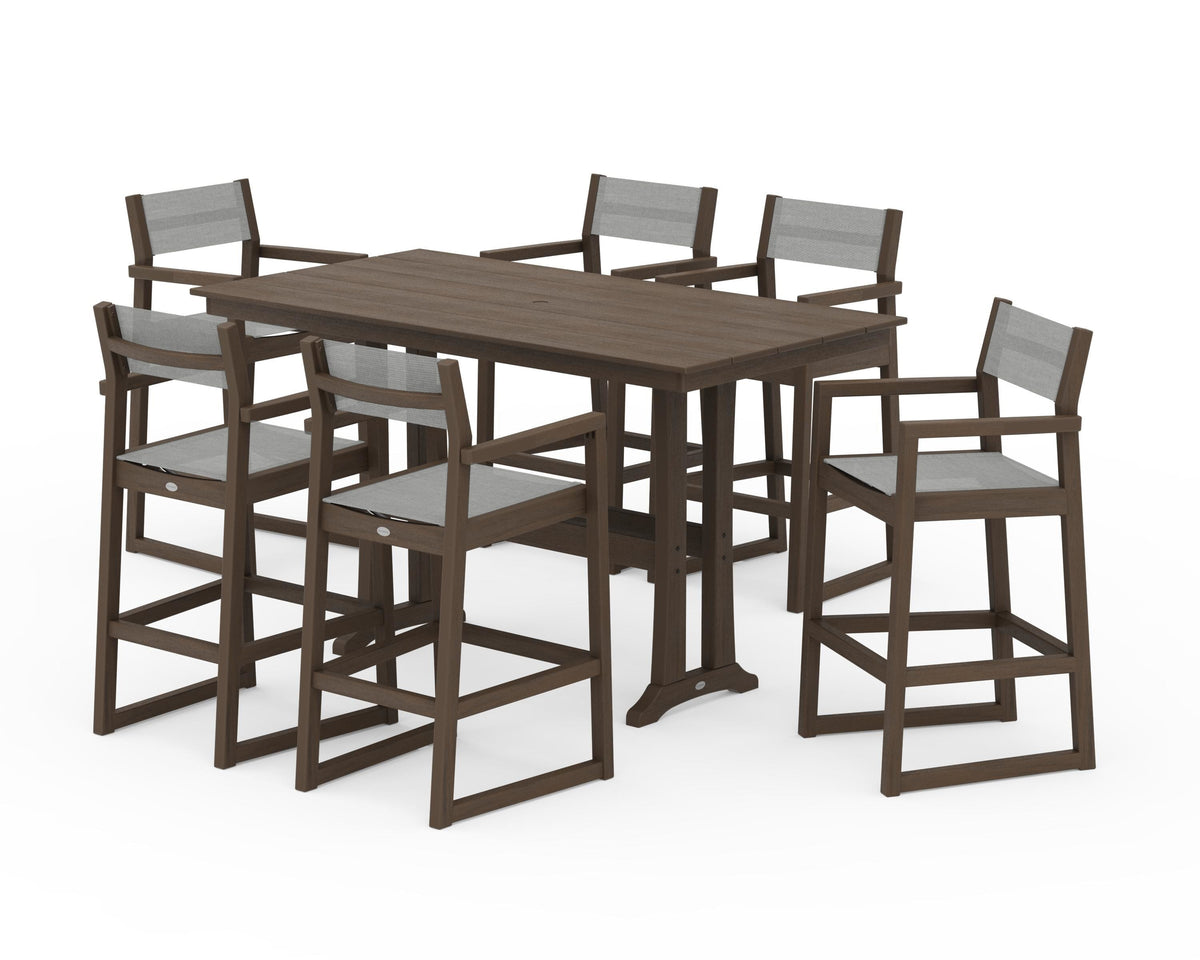 POLYWOOD EDGE Sling Arm Chair 7-Piece Farmhouse Bar Set with Trestle Legs in Kona / Metallic