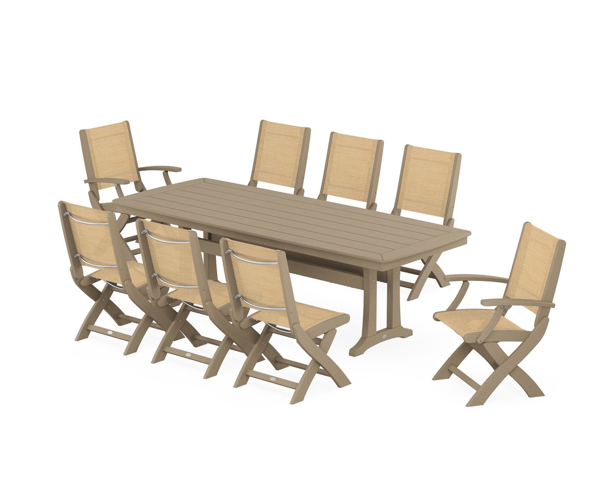 POLYWOOD Coastal Folding 9-Piece Dining Set with Trestle Legs in Vintage Sahara / Dupioni Apricot