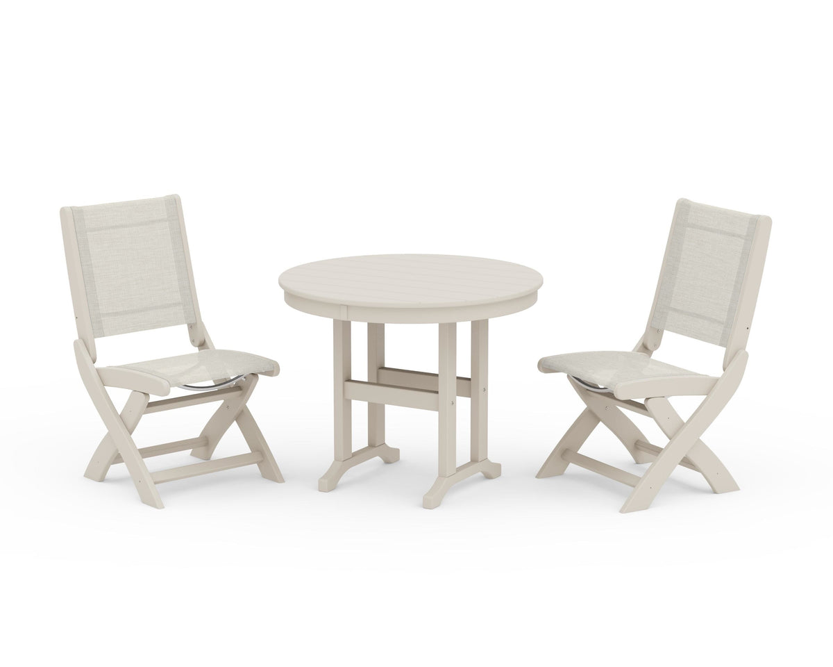POLYWOOD Coastal Folding Side Chair 3-Piece Round Dining Set in Sand / Parchment