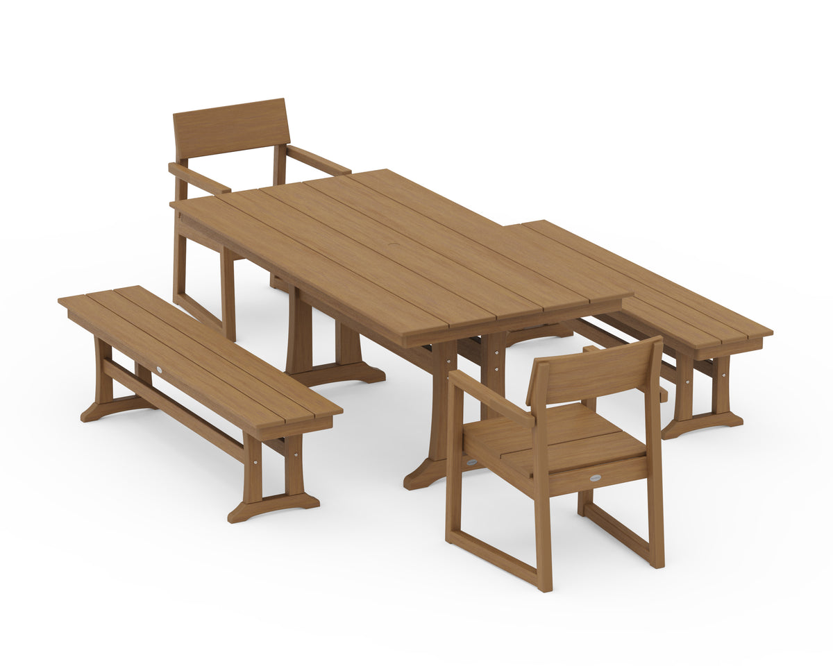 POLYWOOD EDGE 5-Piece Farmhouse Dining Set with Trestle Legs (Farmhouse Trestle 37" x 72" Table) in Natural