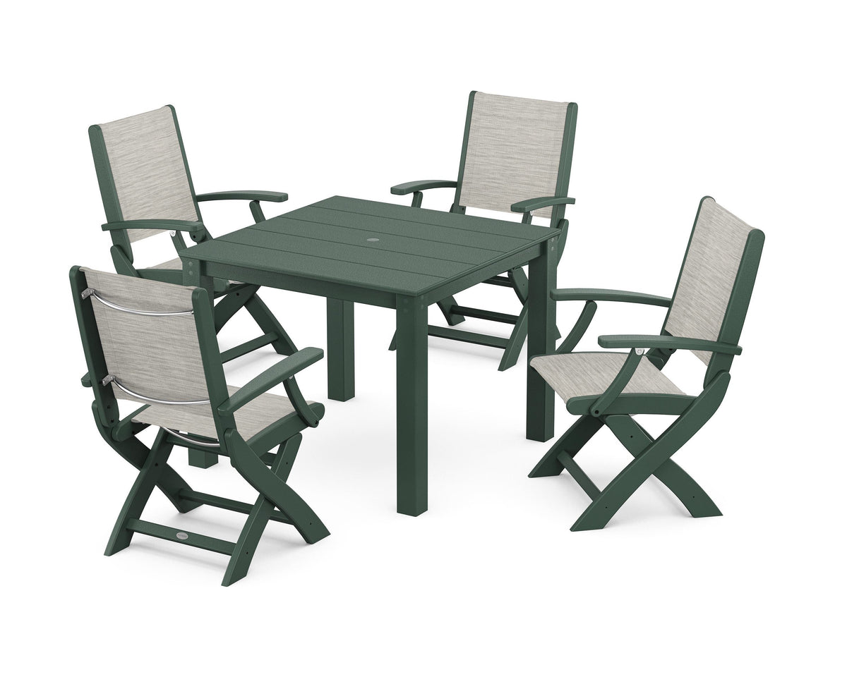 POLYWOOD Coastal Folding Chair 5-Piece Parsons Dining Set in Green / Birch