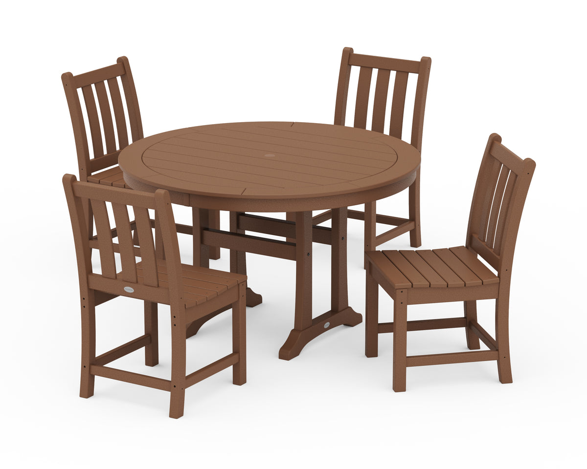POLYWOOD Traditional Garden Side Chair 5-Piece Round Dining Set with Trestle Legs in Teak