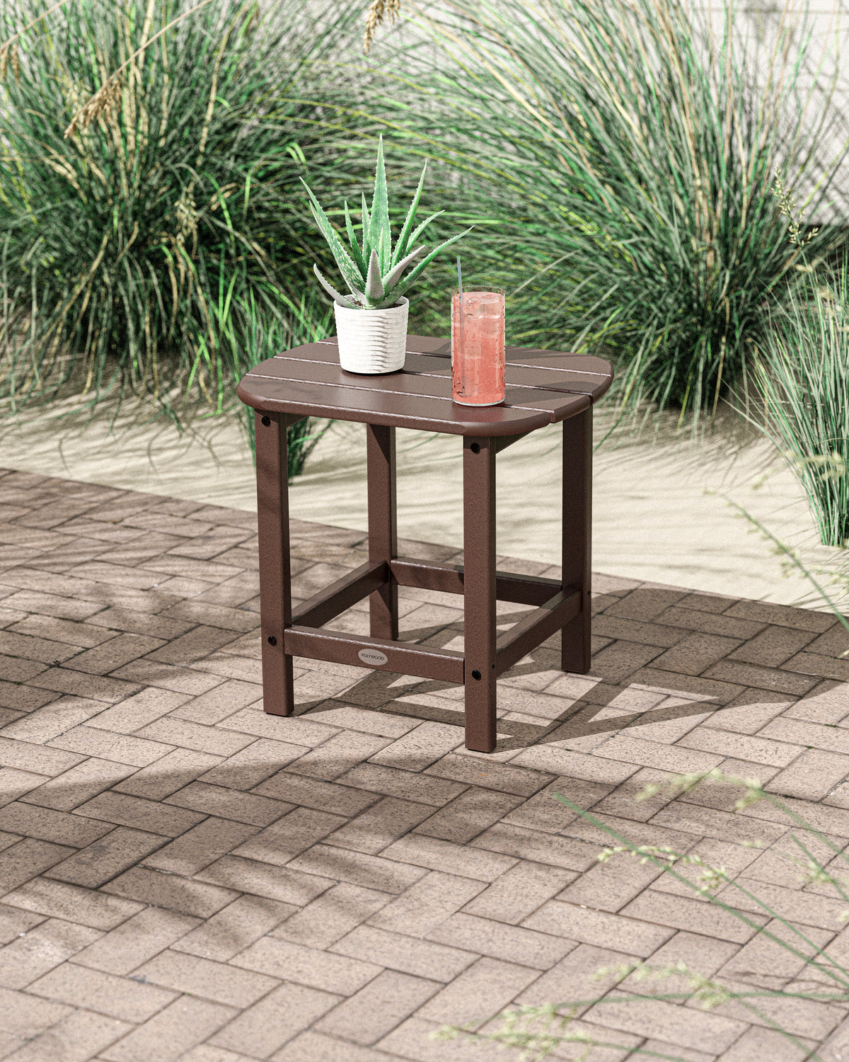 POLYWOOD South Beach 18" Side Table in Mahogany styled outdoors