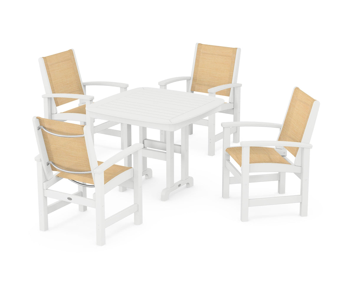 POLYWOOD Coastal 5-Piece Dining Set with Nautical 37" Dining Table in White / Dupioni Apricot