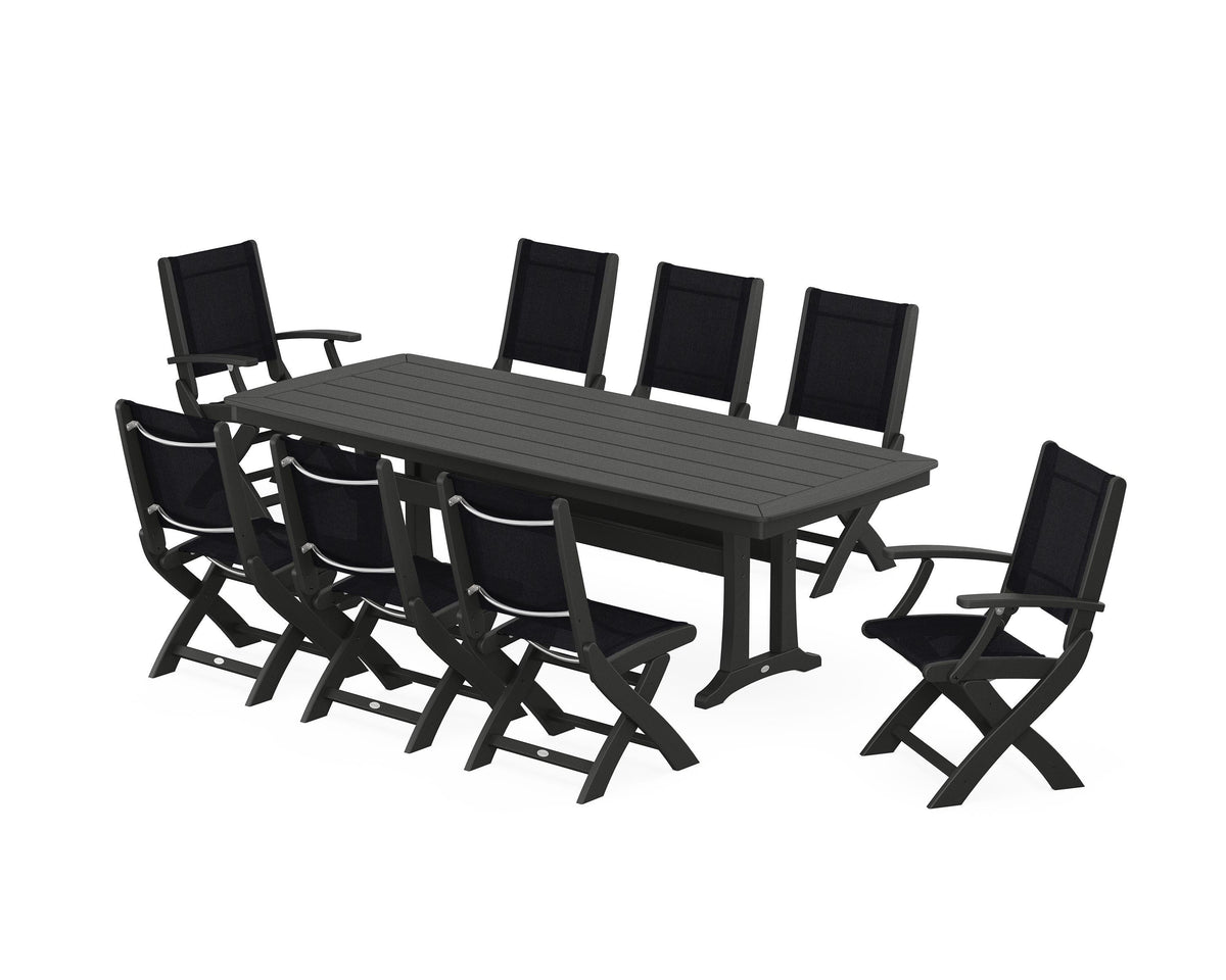 POLYWOOD Coastal Folding 9-Piece Dining Set with Trestle Legs in Black / Black