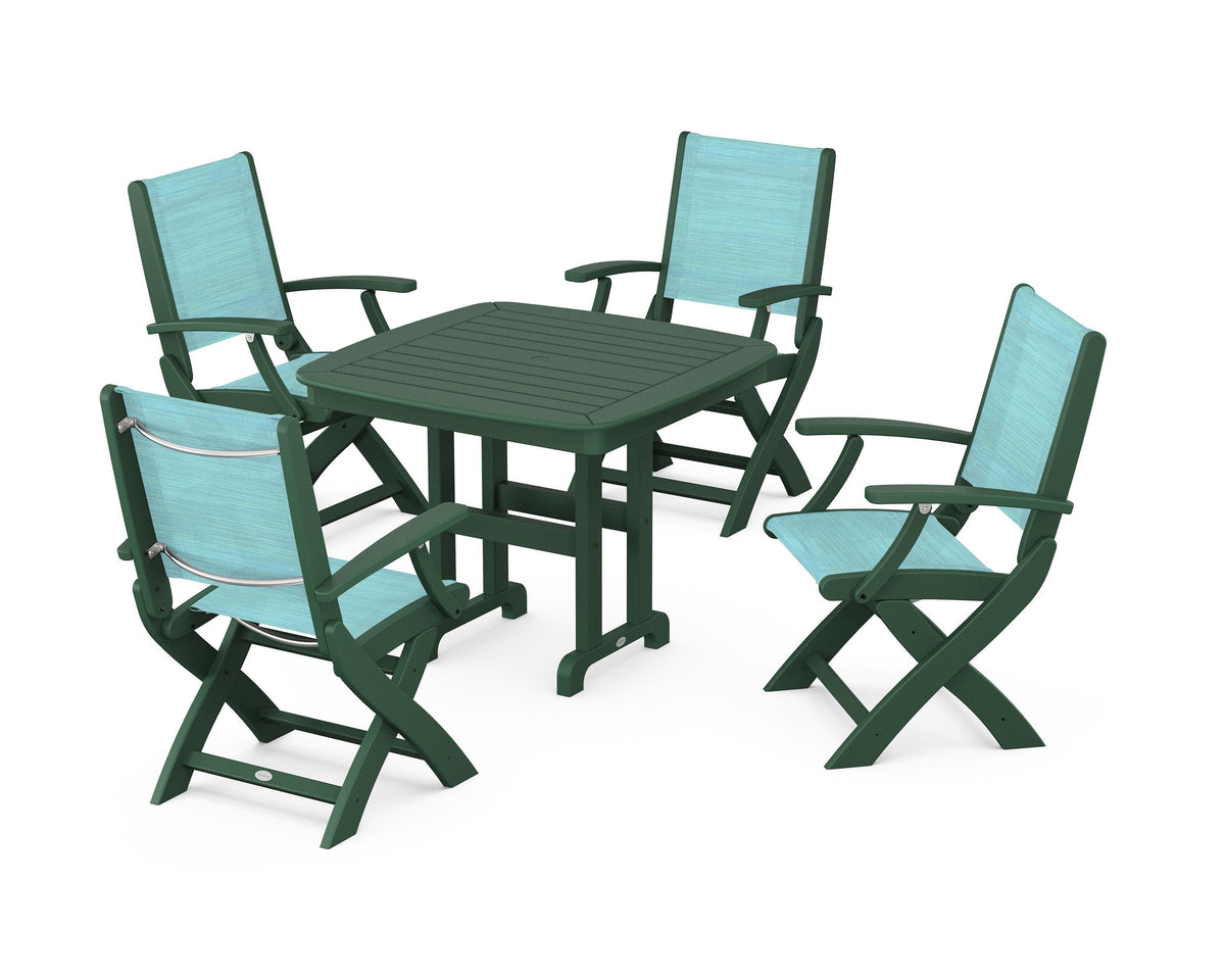 POLYWOOD Coastal Folding Chair 5-Piece Dining Set with Nautical 37" Dining Table in Green / Dupioni Aquamarine