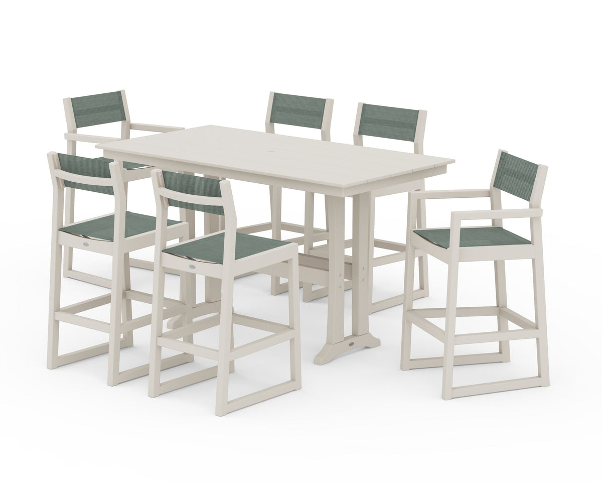 POLYWOOD EDGE Sling 7-Piece Farmhouse Bar Set with Trestle Legs in Sand / Dupioni Sea Mist