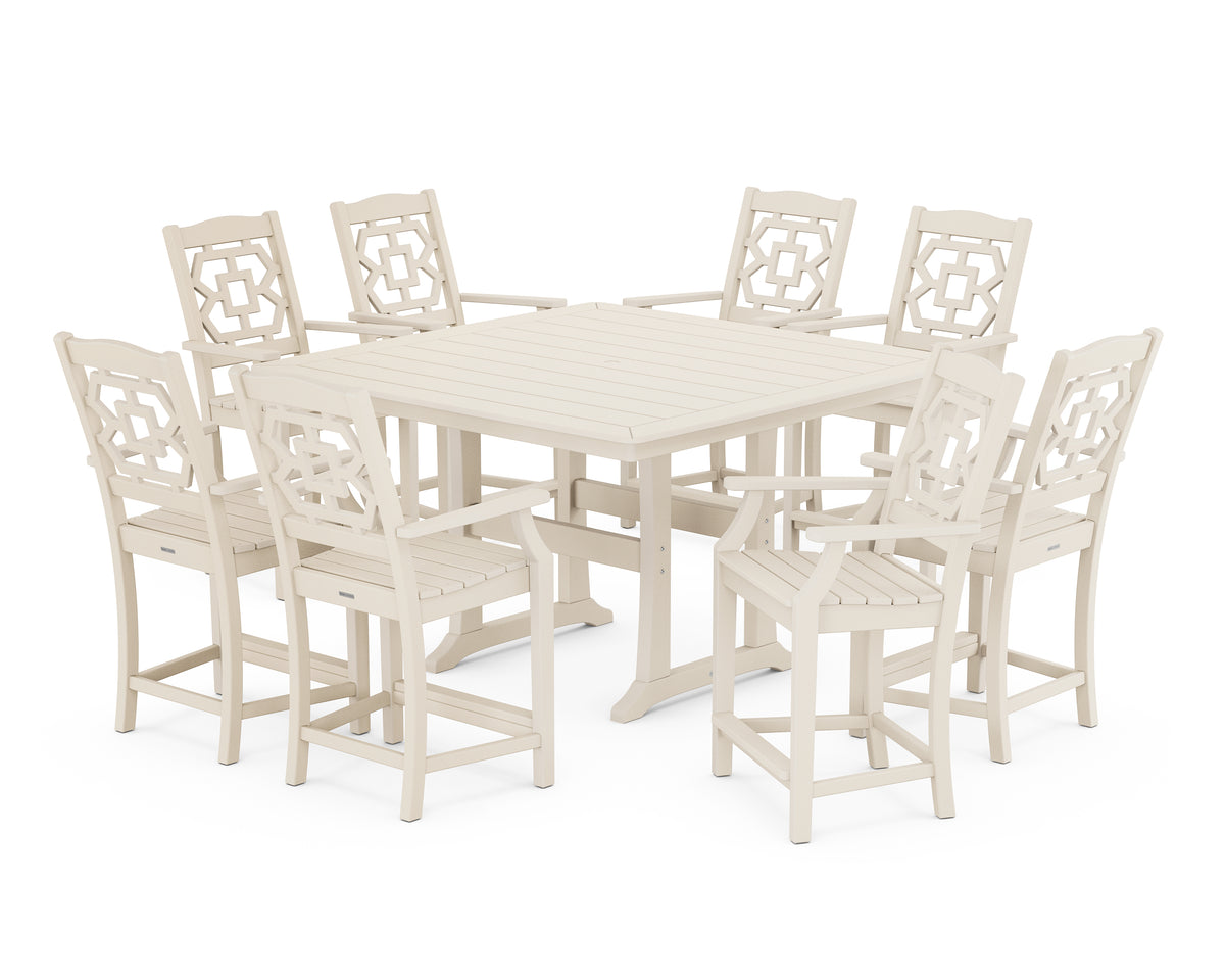 POLYWOOD Chinoiserie 9-Piece Square Counter Set with Trestle Legs in Sand