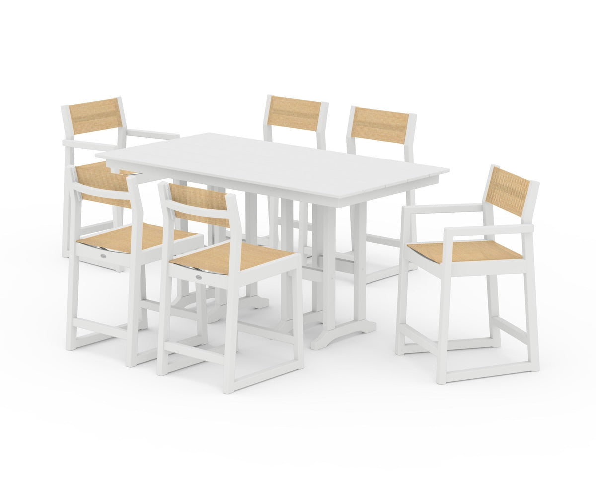 POLYWOOD EDGE Sling 7-Piece Farmhouse Counter Set with Trestle Legs in White / Dupioni Apricot