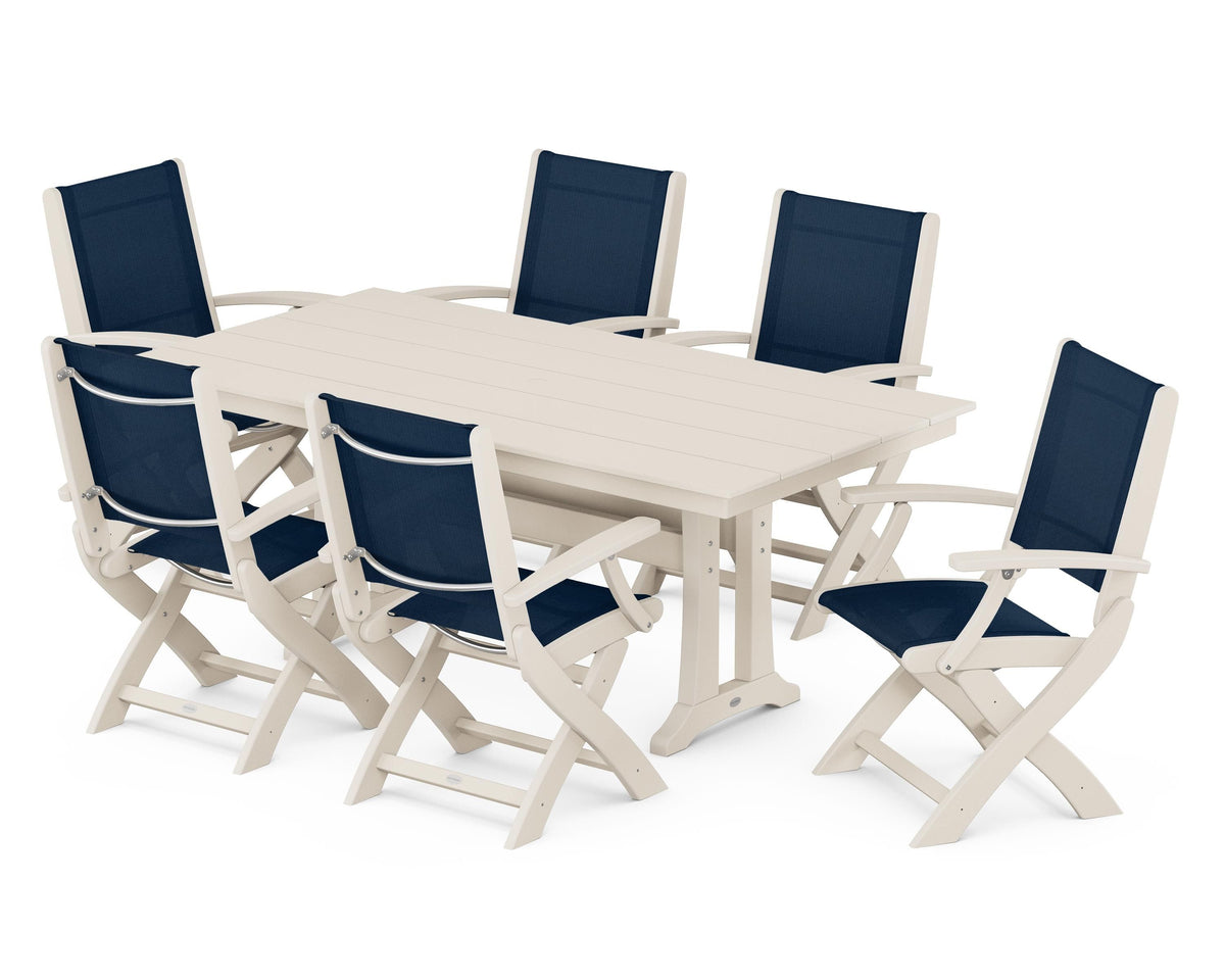 POLYWOOD Coastal Folding Arm Chair 7-Piece Farmhouse Dining Set with Trestle Legs in Sand / Navy Blue