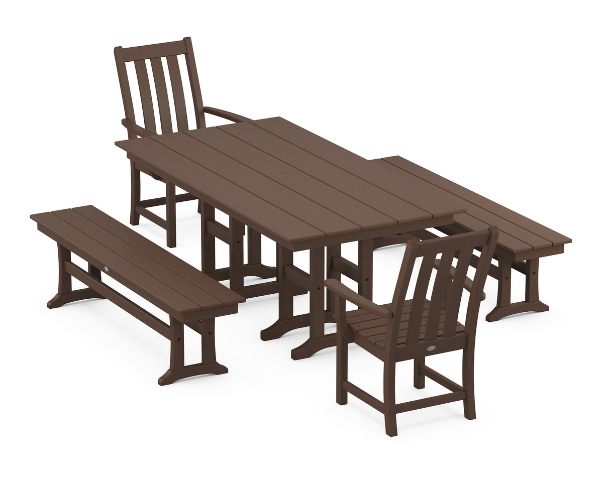 POLYWOOD Vineyard 5-Piece Farmhouse Dining Set with Benches in Mahogany