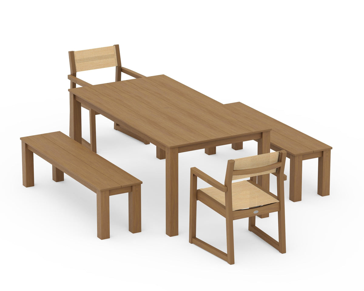 POLYWOOD EDGE Sling Arm Chair 5-Piece Parsons Dining Set with Benches in Natural / Dupioni Apricot