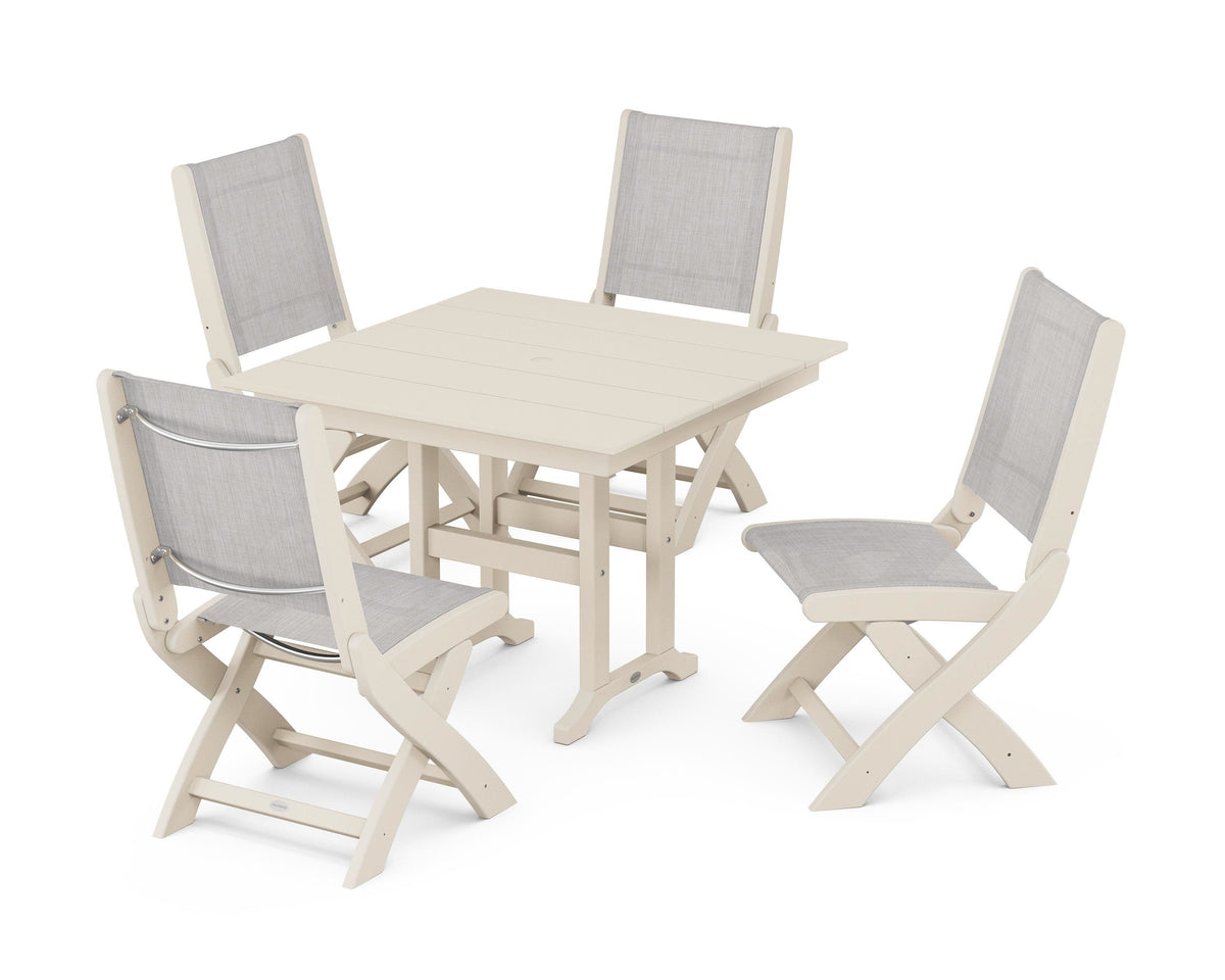 POLYWOOD Coastal Folding Side Chair 5-Piece Farmhouse Dining Set in Sand / Parchment
