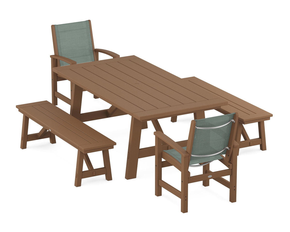 POLYWOOD Coastal 5-Piece Rustic Farmhouse Dining Set With Benches in Teak / Dupioni Sea Mist