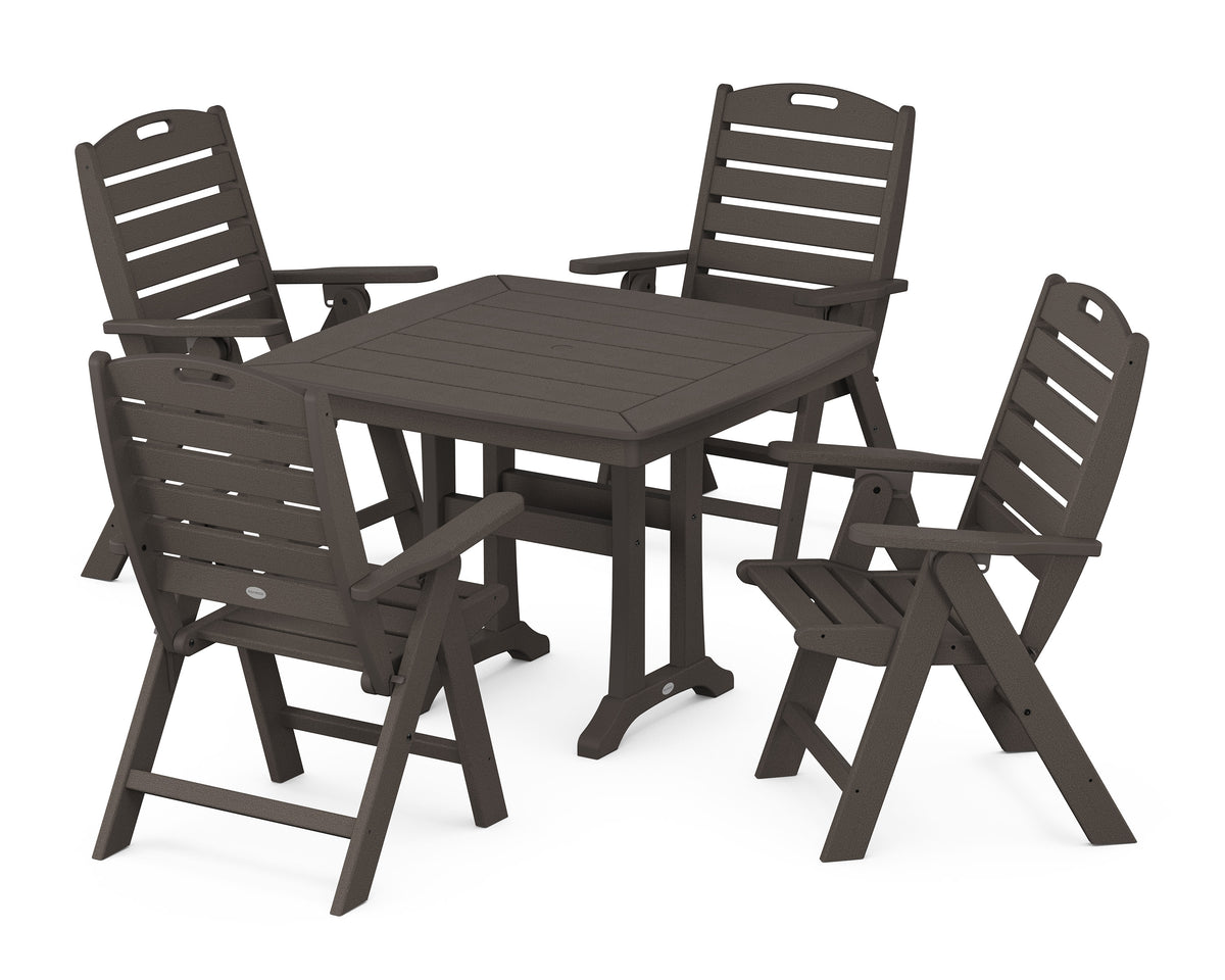 POLYWOOD Nautical Folding Highback Chair 5-Piece Dining Set with Trestle Legs in Vintage Coffee