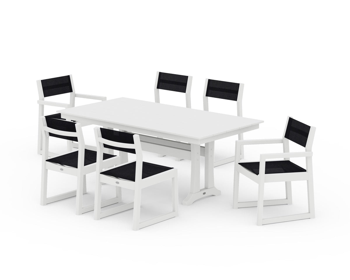 POLYWOOD EDGE Sling 7-Piece Farmhouse Trestle Dining Set in White / Black