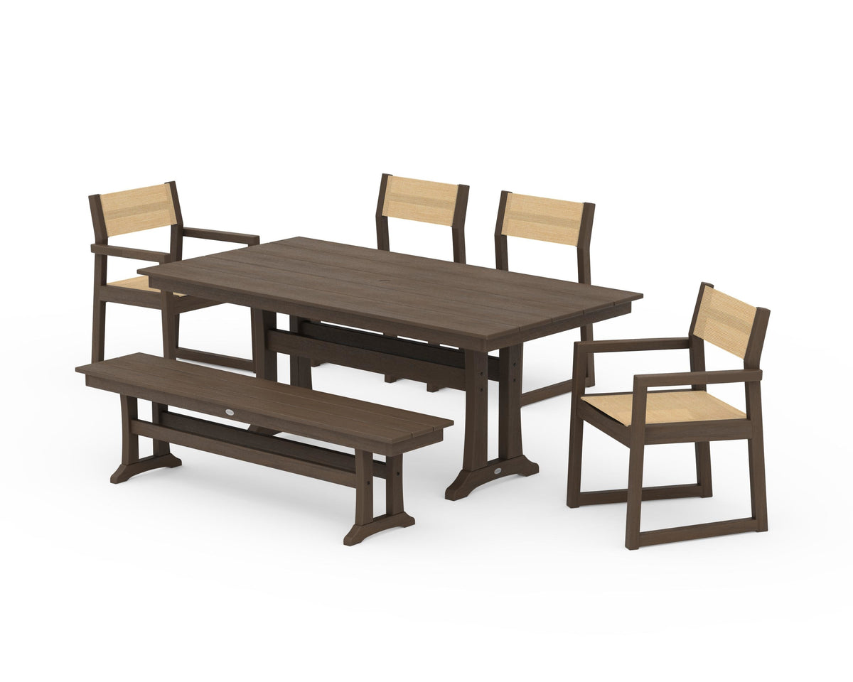 POLYWOOD EDGE Sling 6-Piece Farmhouse Dining Set With Trestle Legs in Kona / Dupioni Apricot