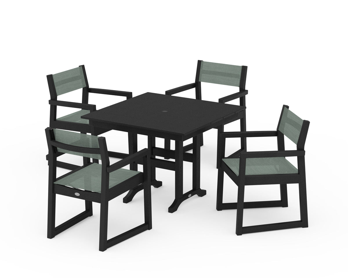 POLYWOOD EDGE Sling Arm Chair 5-Piece Farmhouse Dining Set in Black / Dupioni Sea Mist