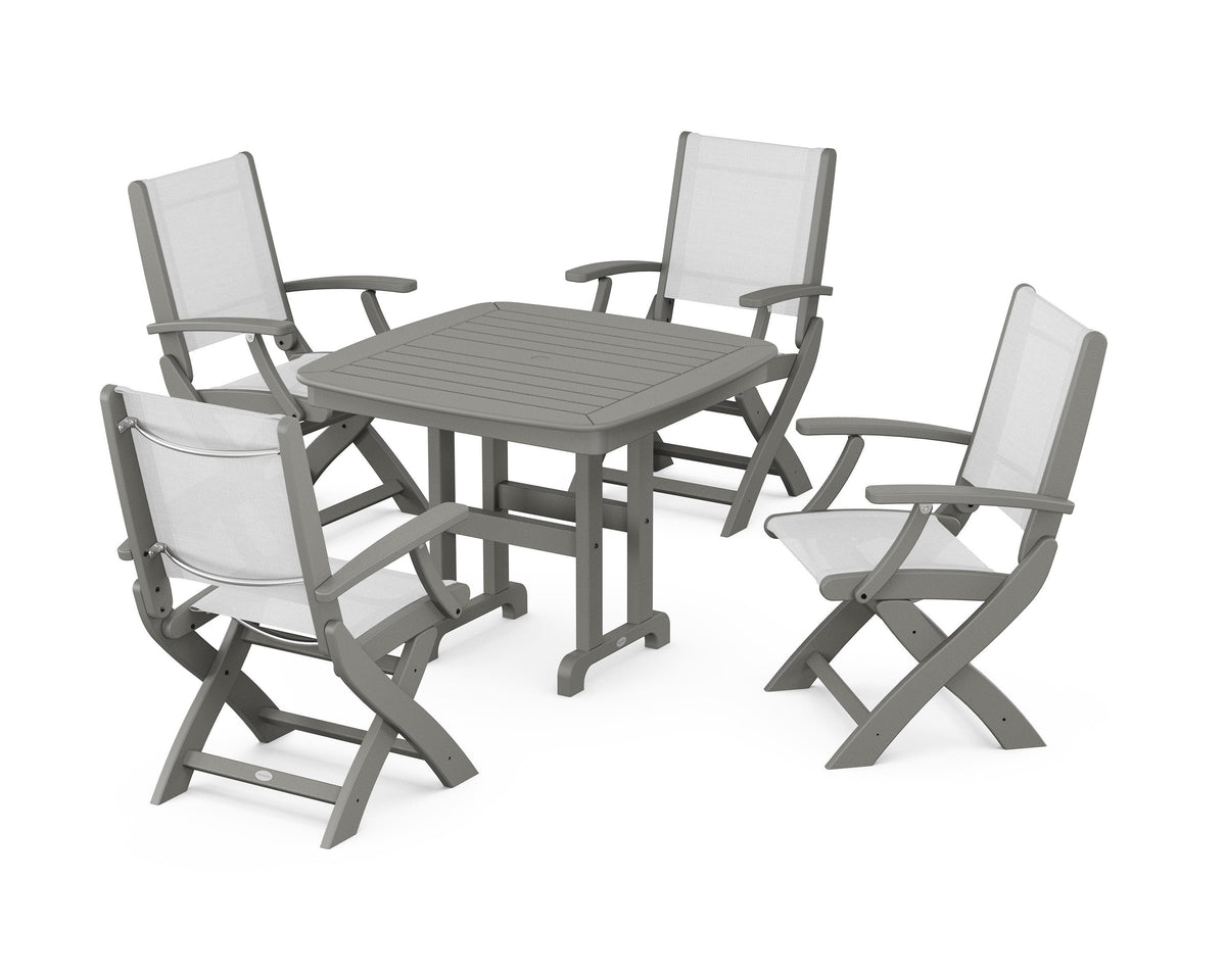 POLYWOOD Coastal Folding Chair 5-Piece Dining Set with Nautical 37" Dining Table in Slate Grey / White