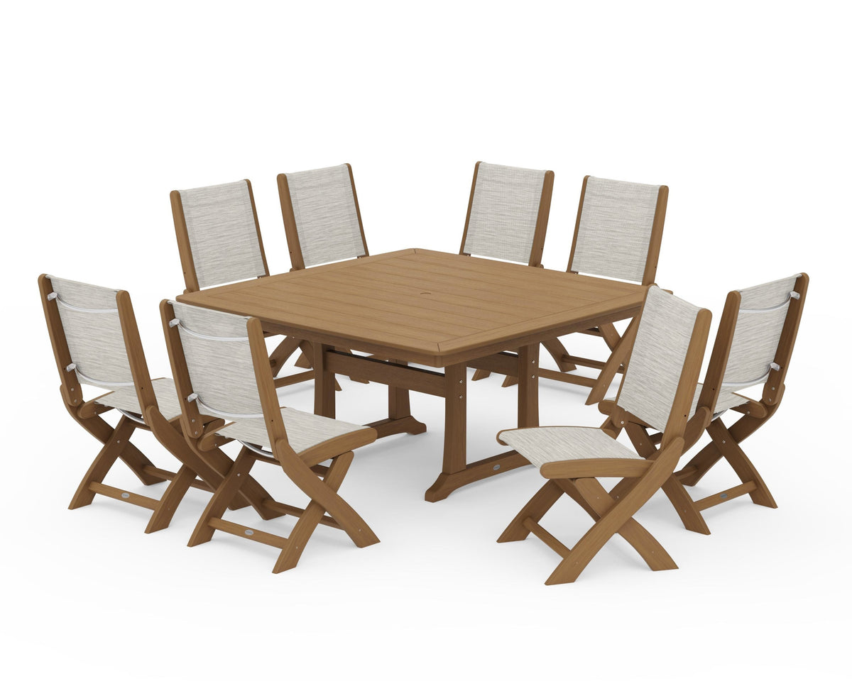 POLYWOOD Coastal Folding Side Chair 9-Piece Dining Set with Trestle Legs in Natural / Birch